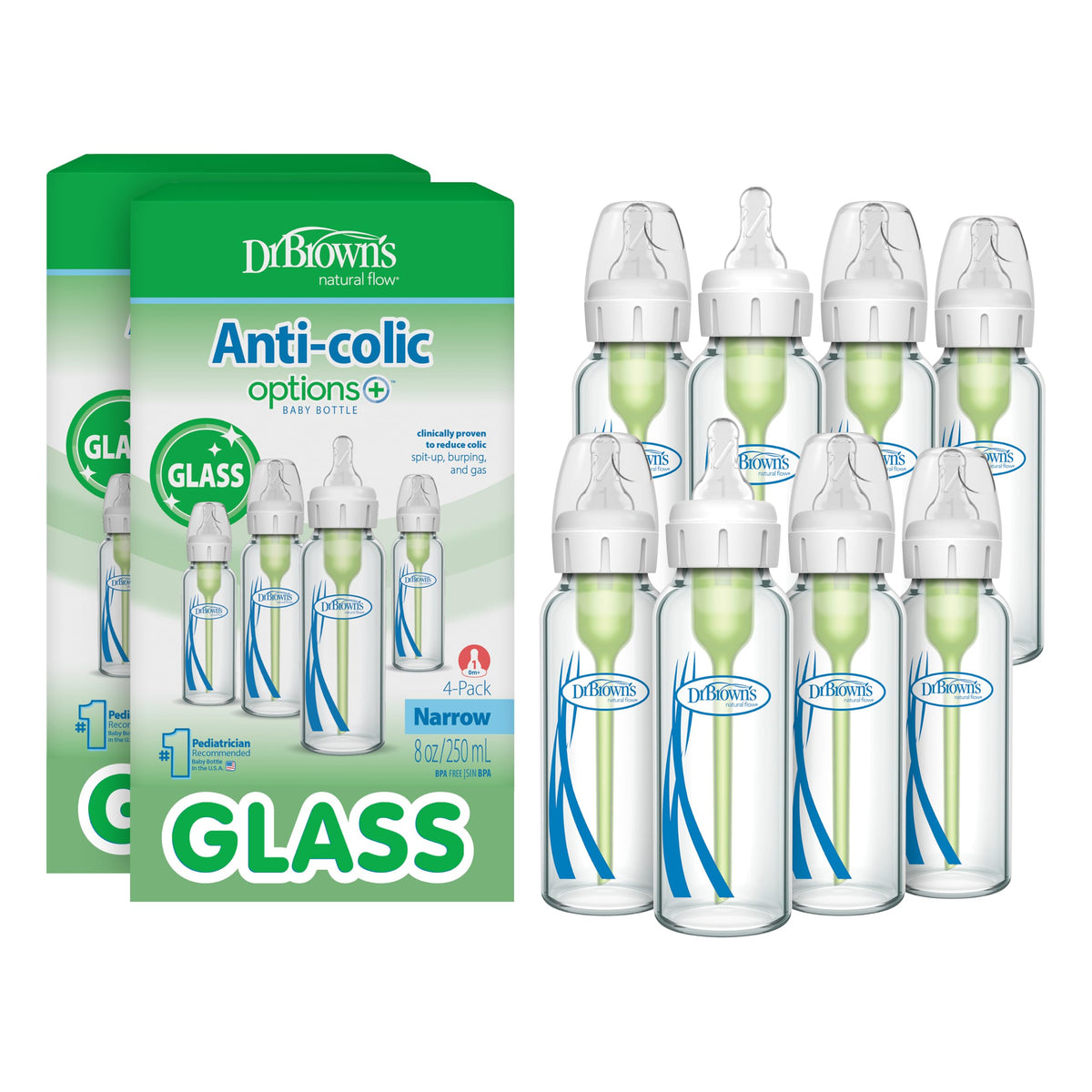 Dr. Brown's Anti-Colic Options+ Narrow Glass Baby Bottle, 8 oz, 4-Pack