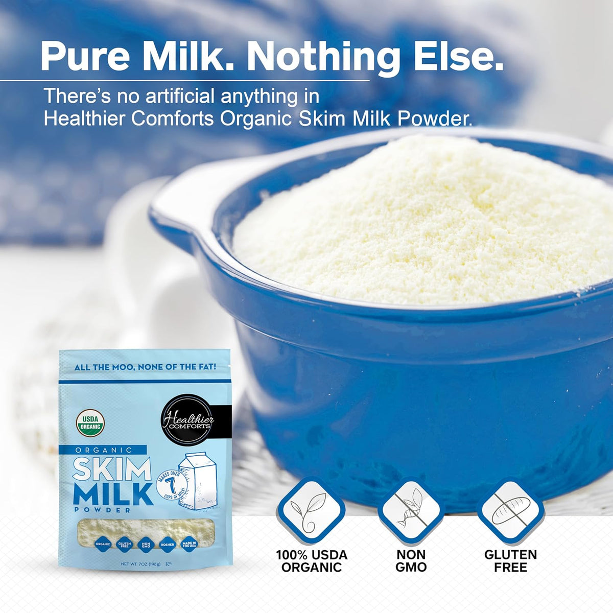 Healthier Comforts Organic Skim Milk Powder | Certified USDA Organic | Fat Free, Kosher, Gluten Free, Non-GMO, Shelf Stable | Perfect for Shakes, Smoothies, Coffee Creamer, Baking | Made in USA (7oz)