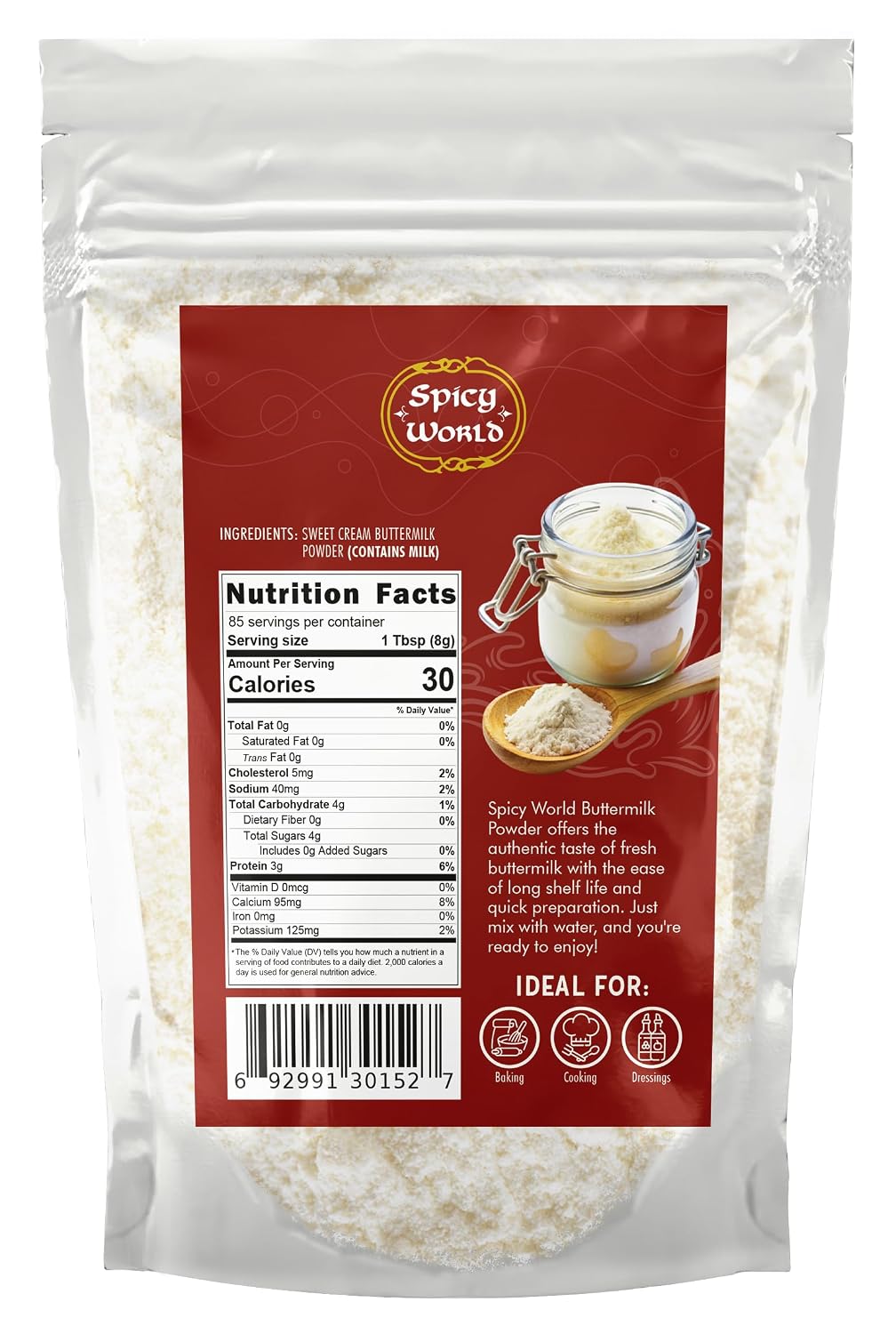 Spicy World Premium Buttermilk Powder 1.5 LB - Made in USA from Sweet Cream, Non-GMO, 4.5% Milkfat, Perfect for Biscuits, Cornbread, and More!