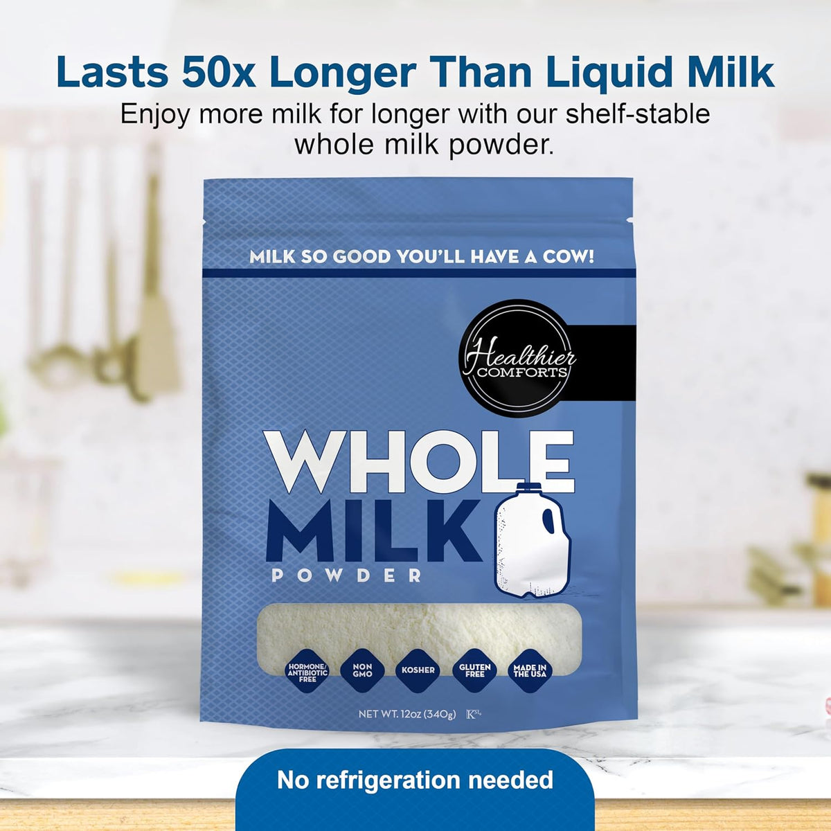 Healthier Comforts Whole Milk Powder | Shelf Stable | Kosher, Gluten Free, Non-GMO, Hormone and Antibiotic Free | Perfect for Shakes, Smoothies, Coffee Creamer, Baking | Made in USA (12oz)