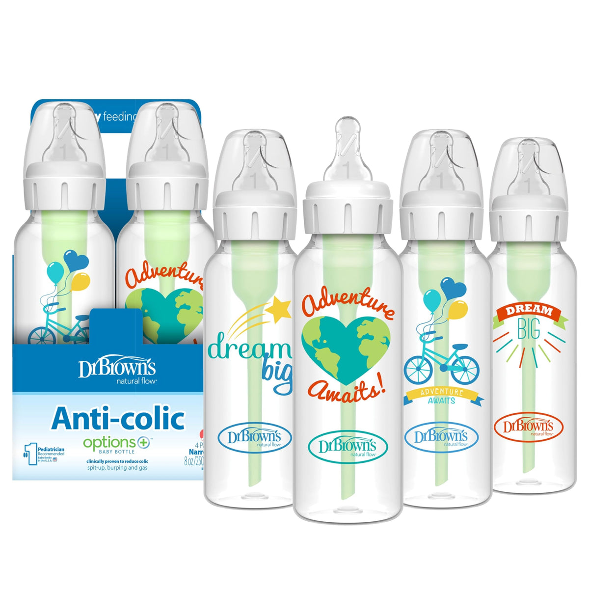 Dr. Brown's Anti-Colic Options+ Narrow Baby Bottle, 8 oz, 4-Pack