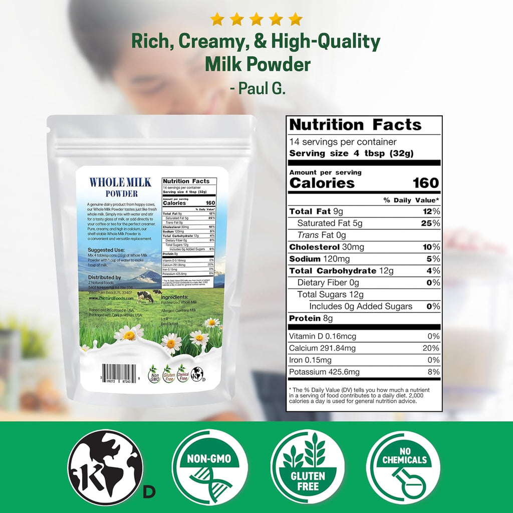Z Natural Foods Premium Whole Milk Powder - Pasteurized Dry Milk, 1 lb