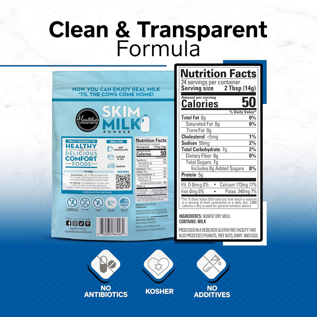 Healthier Comforts Skim Milk Powder | Fat Free, Shelf Stable | Kosher, Gluten Free, Non-GMO, Hormone and Antibiotic Free | Perfect for Shakes, Smoothies, Coffee Creamer, Baking | Made in USA (12oz)