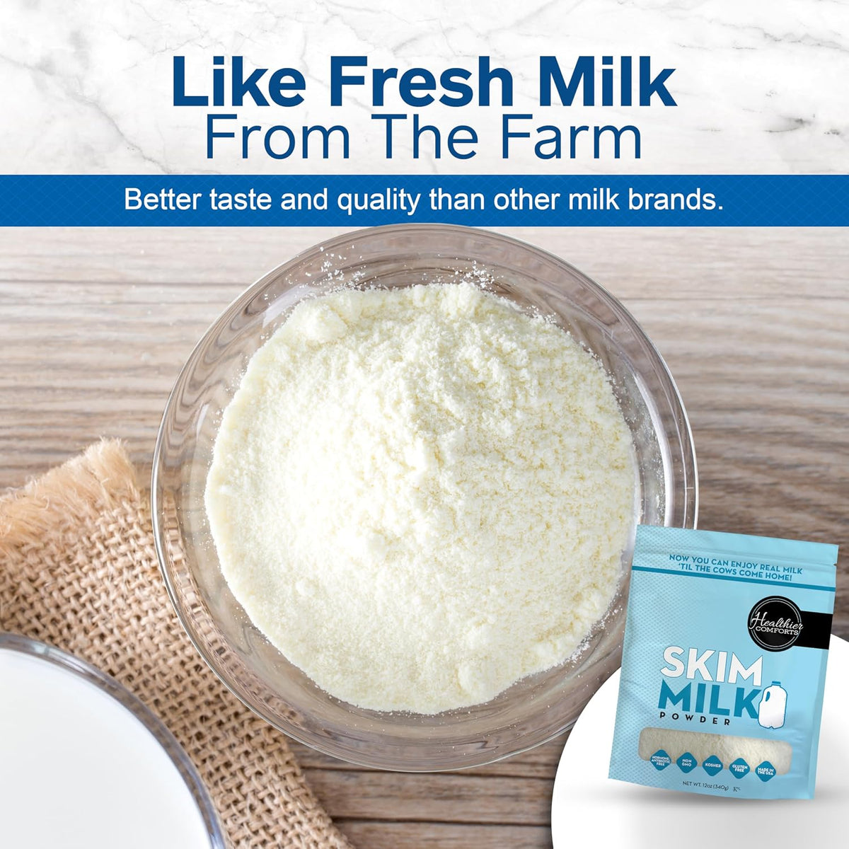 Healthier Comforts Skim Milk Powder | Fat Free, Shelf Stable | Kosher, Gluten Free, Non-GMO, Hormone and Antibiotic Free | Perfect for Shakes, Smoothies, Coffee Creamer, Baking | Made in USA (12oz)