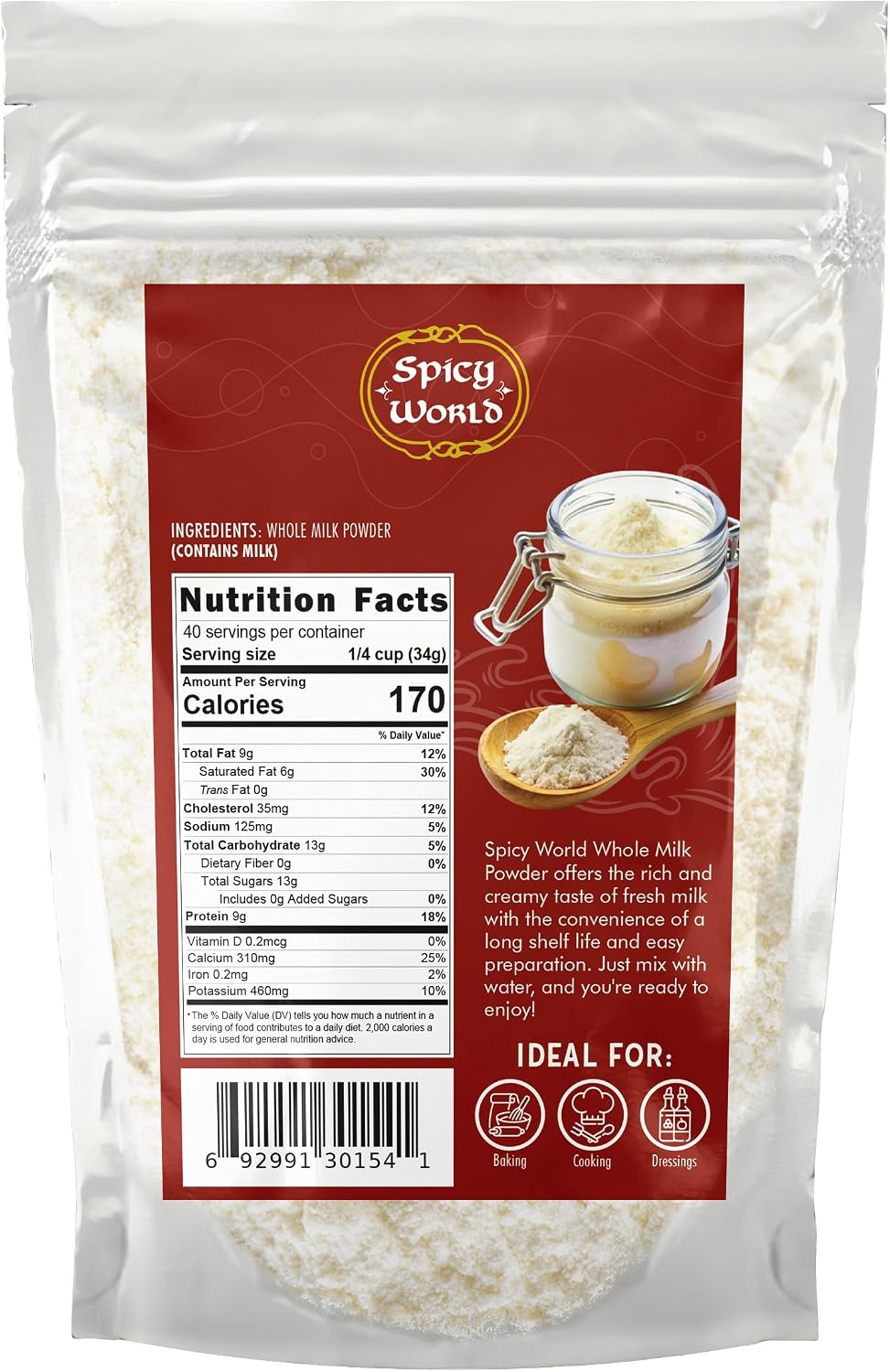 Spicy World Whole Milk Powder 3 LB Bulk Bag - RBST Hormone Free, Made in USA, Non-GMO, Premium Grade - Perfect for Baking, Drinking, and More!