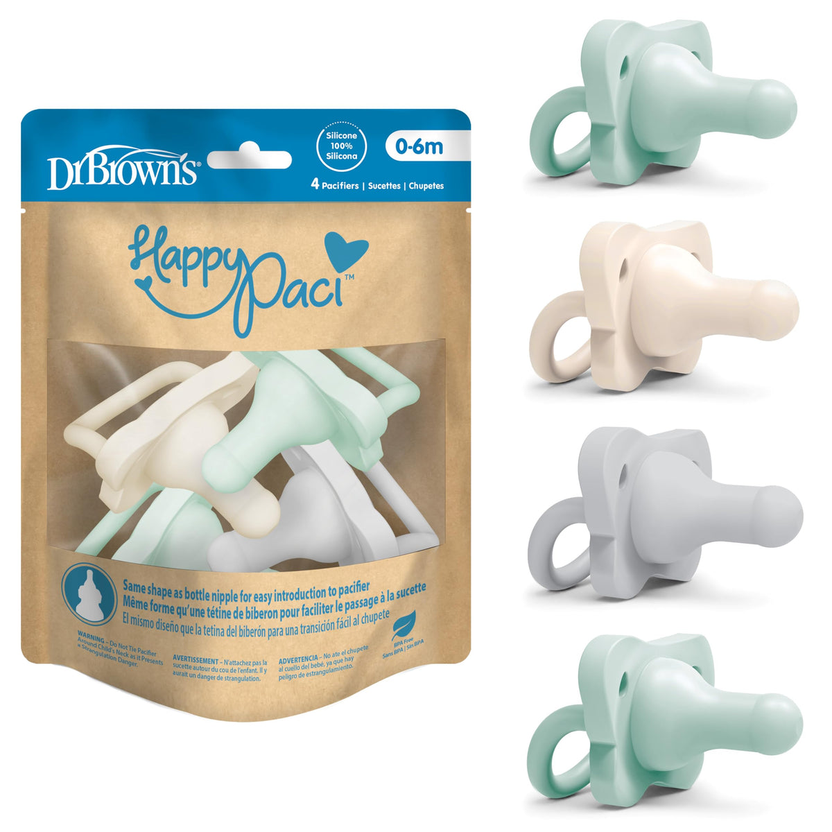 Dr. Brown's HappyPaci Silicone Pacifier, Pink and White, 0-6m, 4-Pack