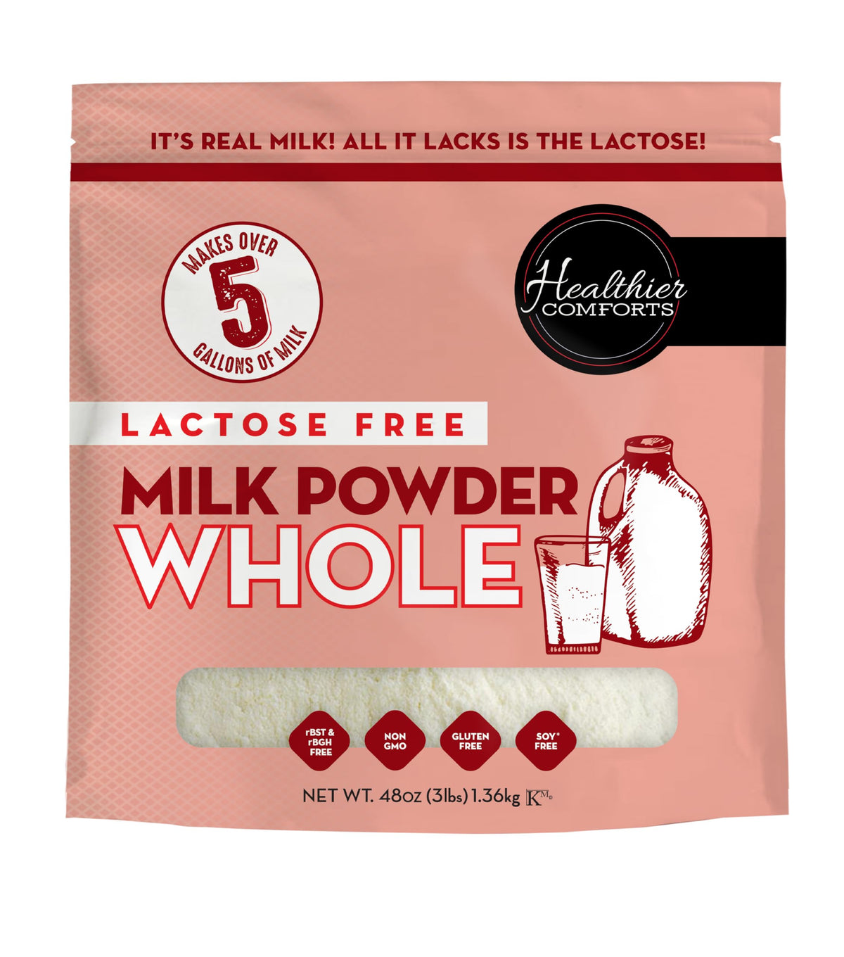 Healthier Comforts Lactose Free Whole Milk Powder | Non-GMO, rBST Hormone Free, Kosher, Gluten Free, No Fillers | Baking, Coffee Creamer, Shakes, Pantry Staple, Camping | Makes 2.5 Gallons (21 oz)