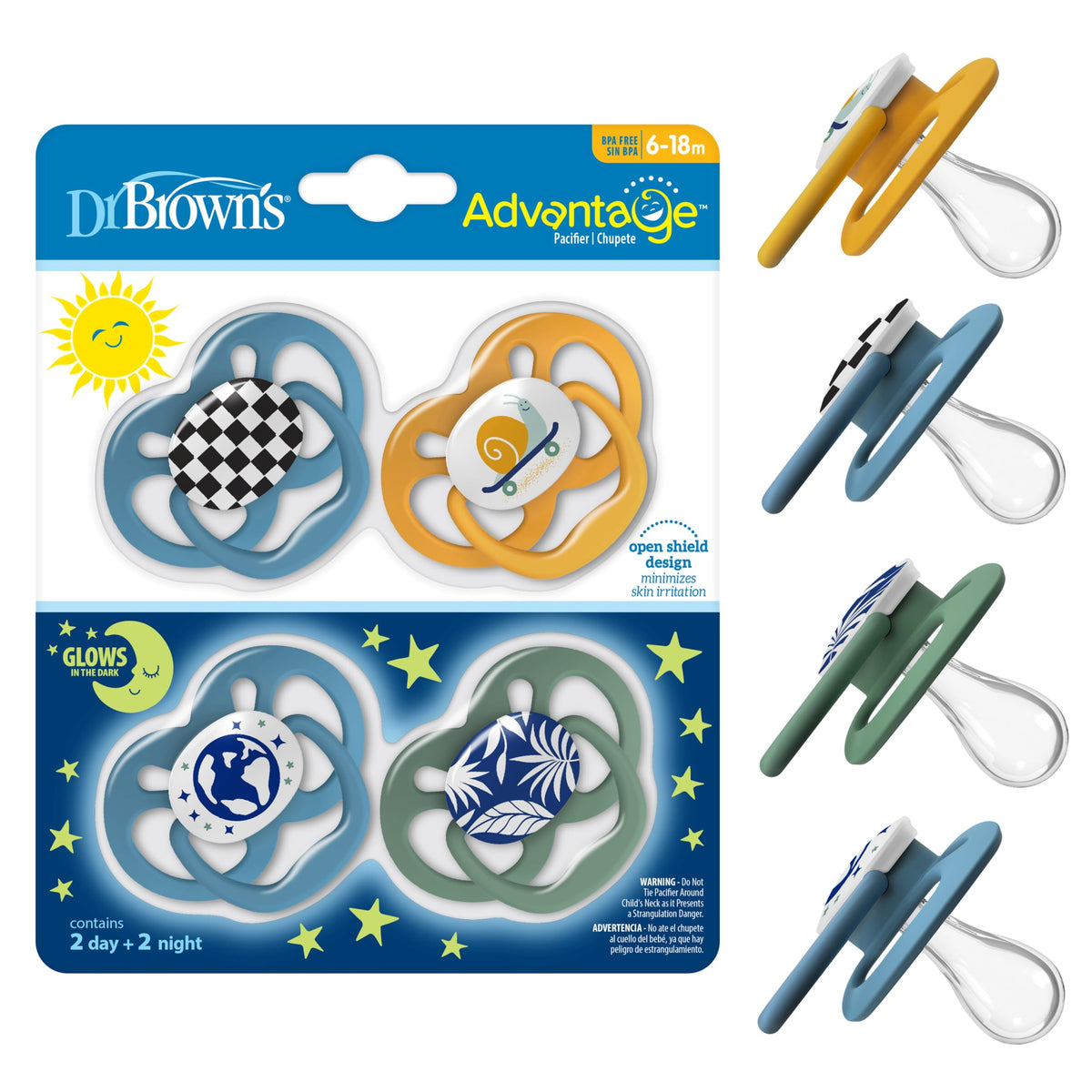Dr. Brown's Advantage Glow-in-the-Dark Baby Pacifier, Fully Symmetrical Soother with Soft Silicone Bulb, Skateboard Snail-Blue Nature, 6-18m, BPA Free, 4 Pack