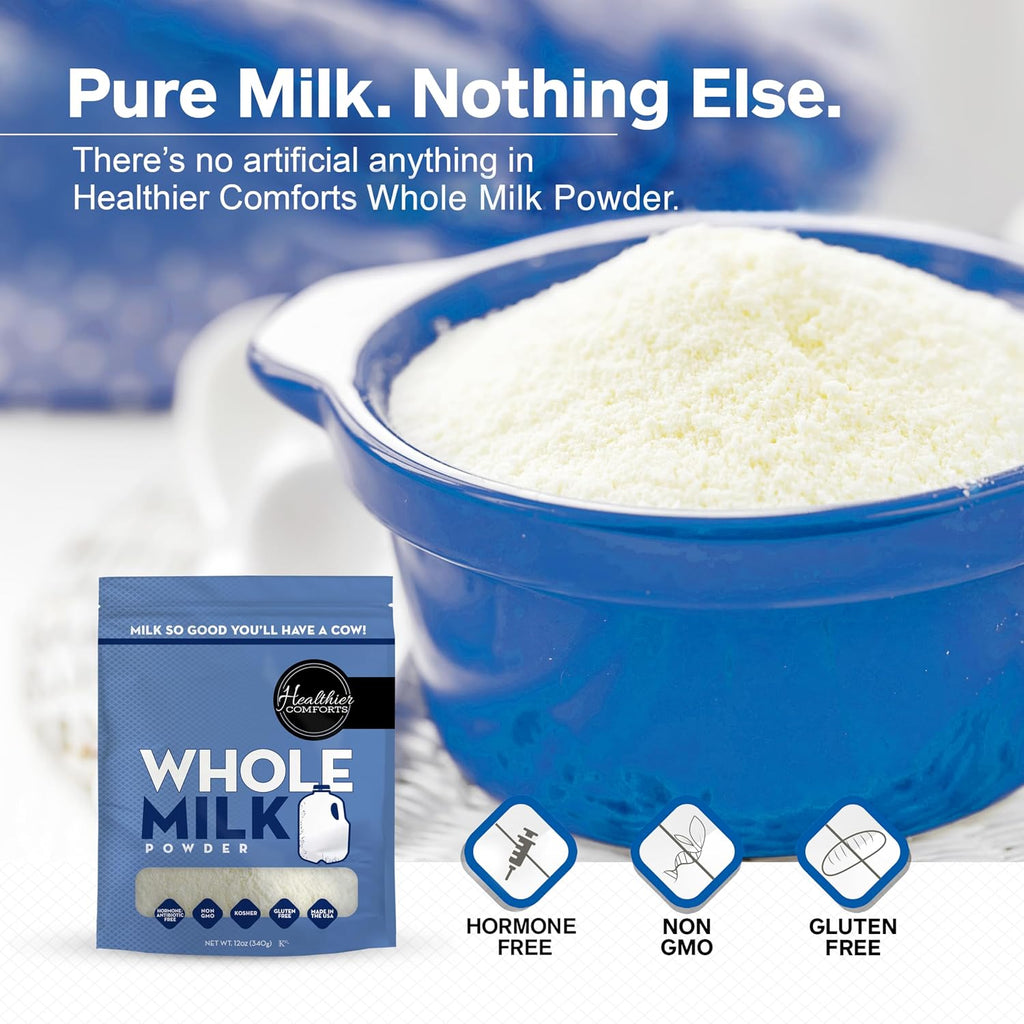 Healthier Comforts Whole Milk Powder | Shelf Stable | Kosher, Gluten Free, Non-GMO, Hormone and Antibiotic Free | Perfect for Shakes, Smoothies, Coffee Creamer, Baking | Made in USA (12oz)